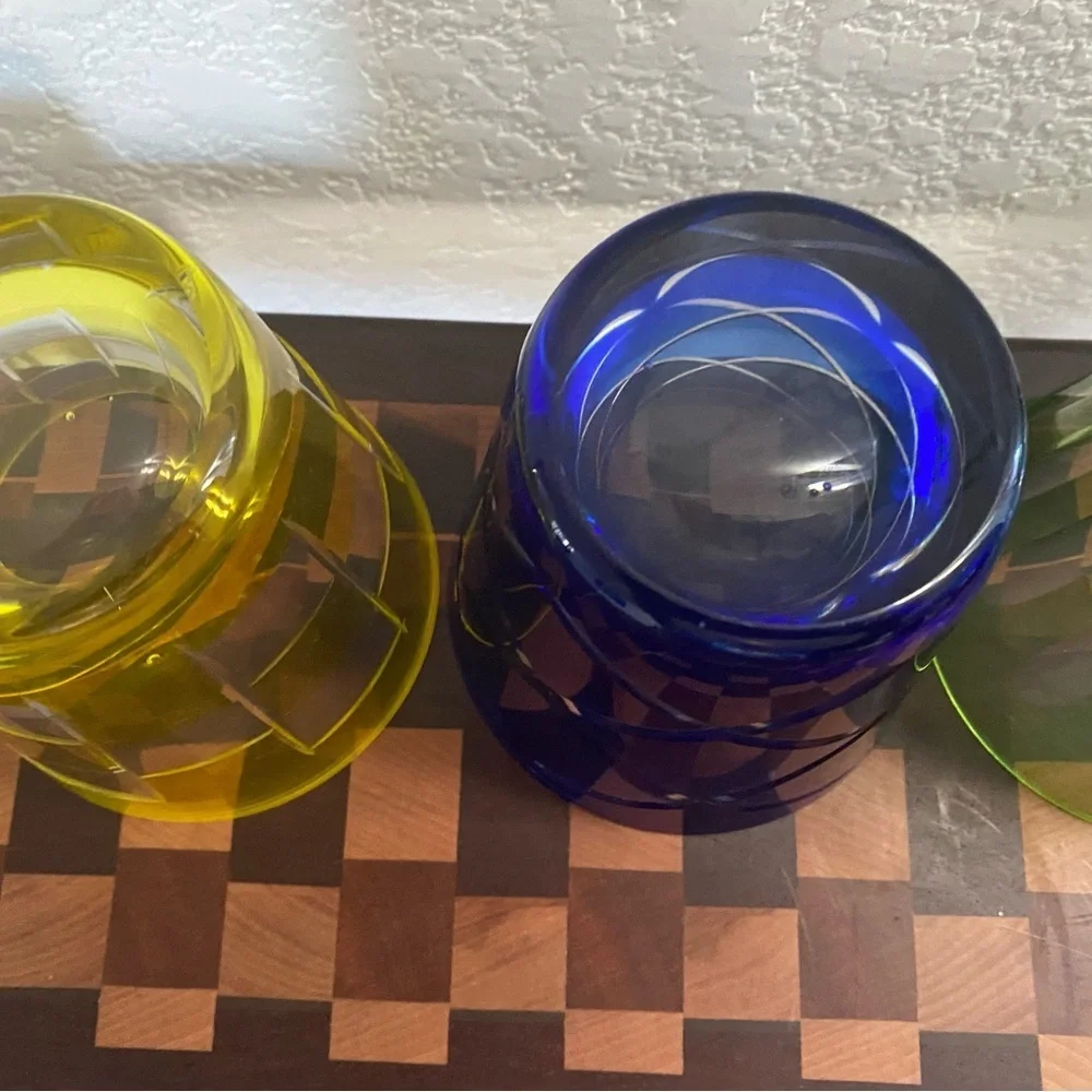 3 Vintage Hand Cut Fused Retro Cobalt Yellow Lime Highball Glass Bareware Set
